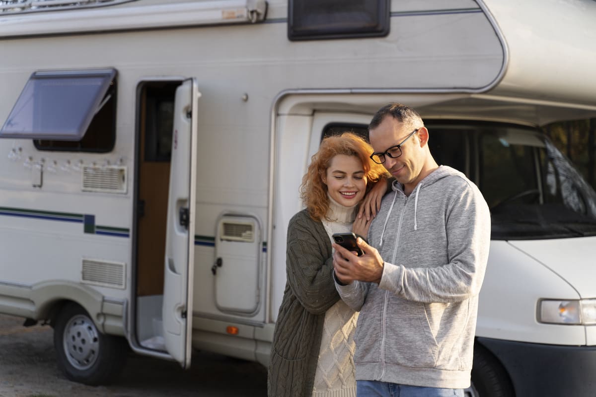 Coppia felice accanto a un camper